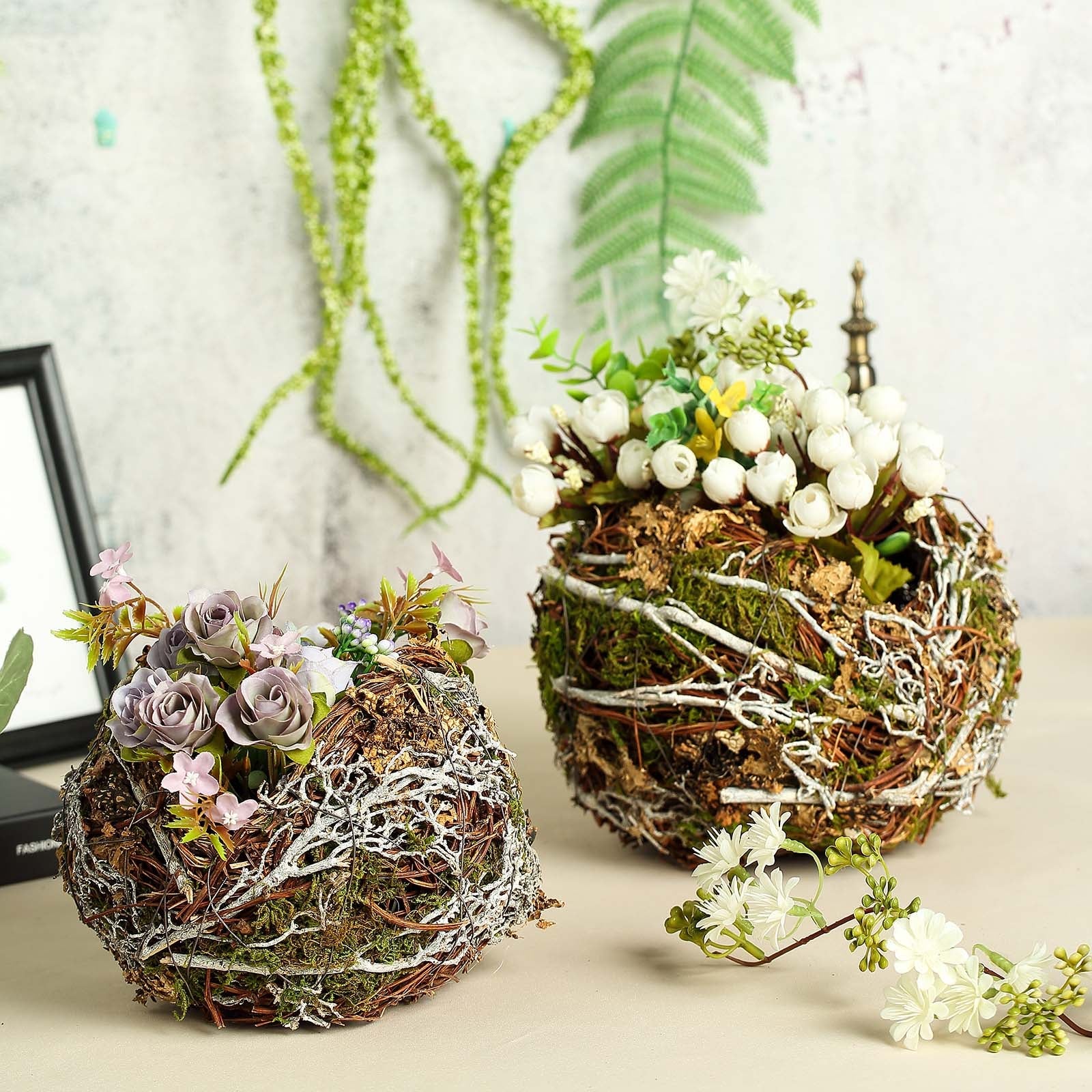 Set Of 2 | Natural Birds Nest Preserved Moss Twigs Planter Boxes