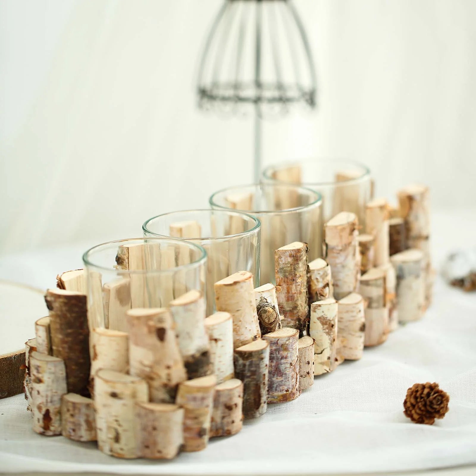 Rustic Birch Candle Holder with 4 Glass Candle Holders