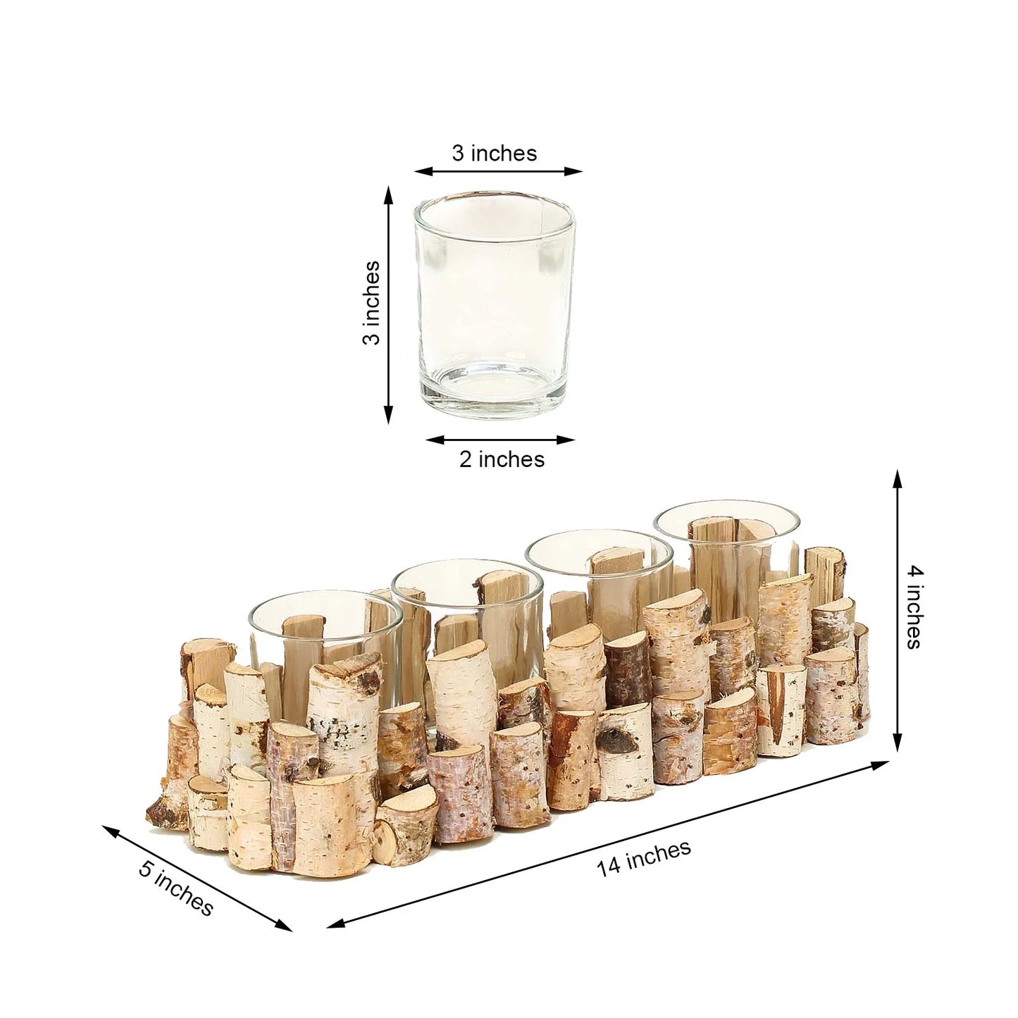 Rustic Birch Candle Holder with 4 Glass Candle Holders